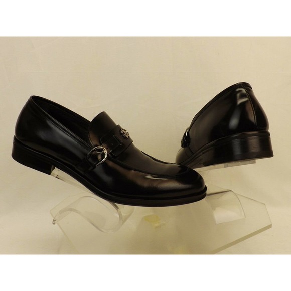 NIB ROBERTO CAVALLI BLACK LEATHER BELTED BUCKLE LOGO LOAFERS 41 US 8 ITALY